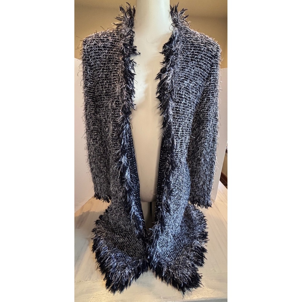 St John Collection Marie Gray Black White Eyelash Knit Fringed Duster Coat 12